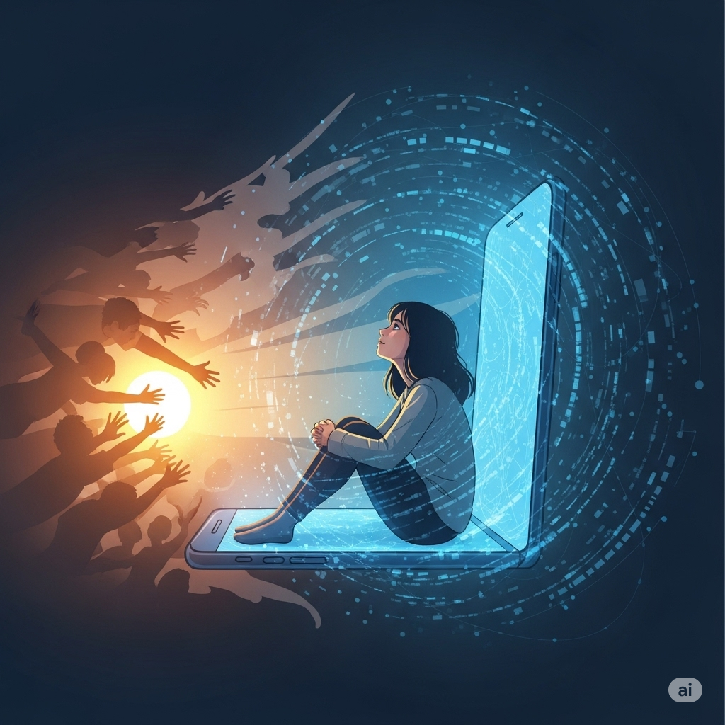 Teen sitting inside a smartphone screen, surrounded by digital elements, with silhouettes of people reaching out - representing the choice between digital and human connection